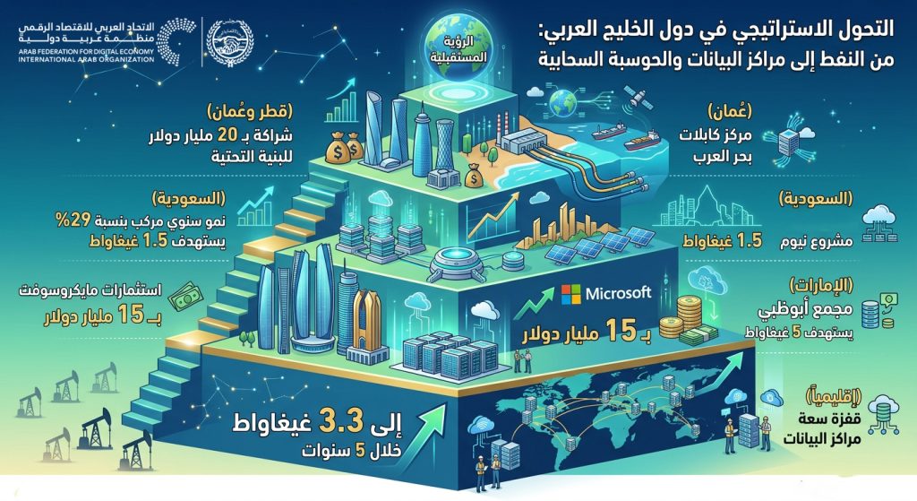 التحول الاستراتيجي في دول الخليج العربي من الاعتماد على النفط إلى الاستثمار الضخم في مراكز البيانات والحوسبة السحابية.